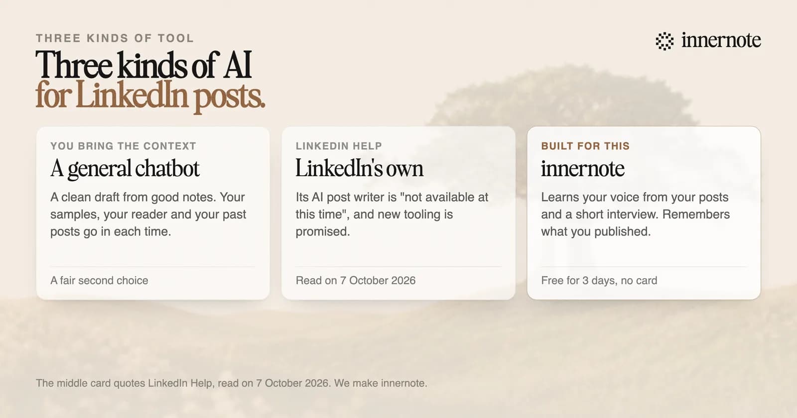 Three kinds of AI for writing LinkedIn posts. A general chatbot writes a clean draft from good notes, and you bring your samples, your reader and what you have posted each time. LinkedIn's own AI post writer is not available at this time, by LinkedIn's help page. innernote learns your voice from your posts and a short interview, and remembers what you published.