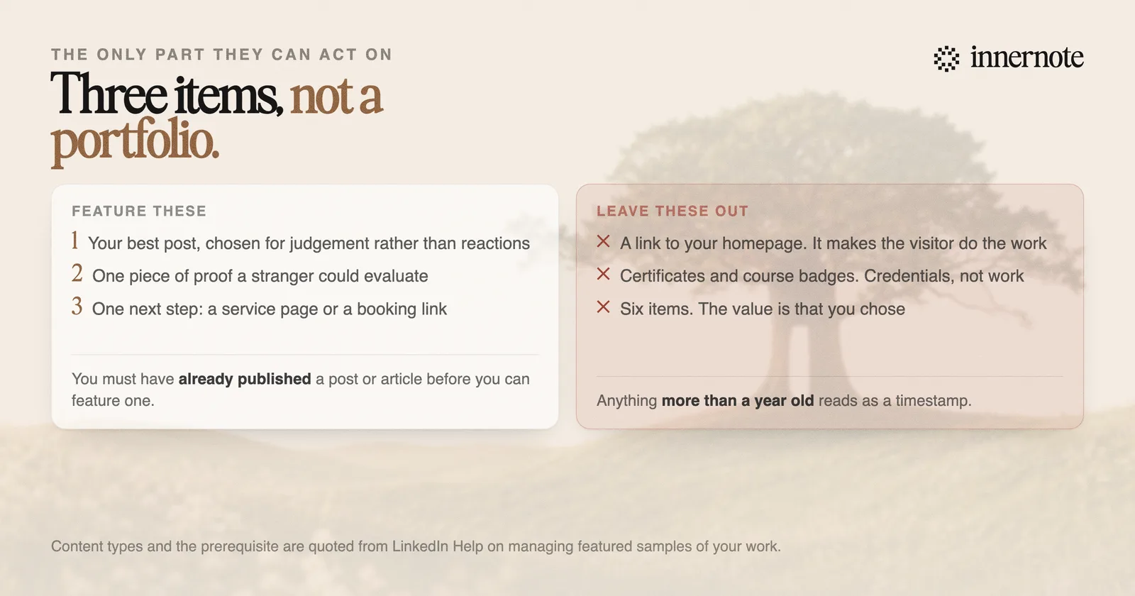 What can go in the LinkedIn featured section: posts you wrote or reshared, articles you published on LinkedIn, external links, and uploaded media including documents and videos. You must have already published a post or article before you can feature one.