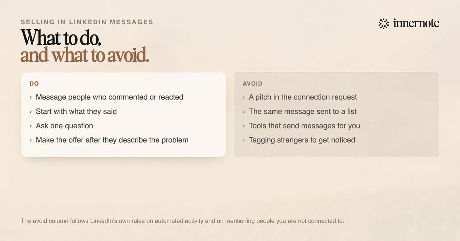 What to do and what to avoid when selling in LinkedIn messages. Do: message people who commented or reacted, mention what they said, ask one question, and make the offer after they describe the problem. Avoid: a pitch in the connection request, the same message sent to a list, tools that send messages for you, and tagging strangers to get noticed.
