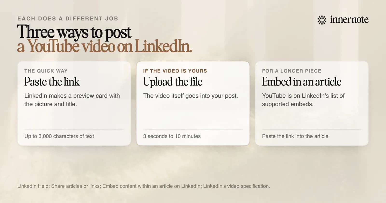 Three ways to post a YouTube video on LinkedIn. Paste the link: LinkedIn makes a preview card with the video's picture and title. Upload the file: for a video that is yours, from 3 seconds to 10 minutes long. Embed it in an article: YouTube is on LinkedIn's list of supported embeds.