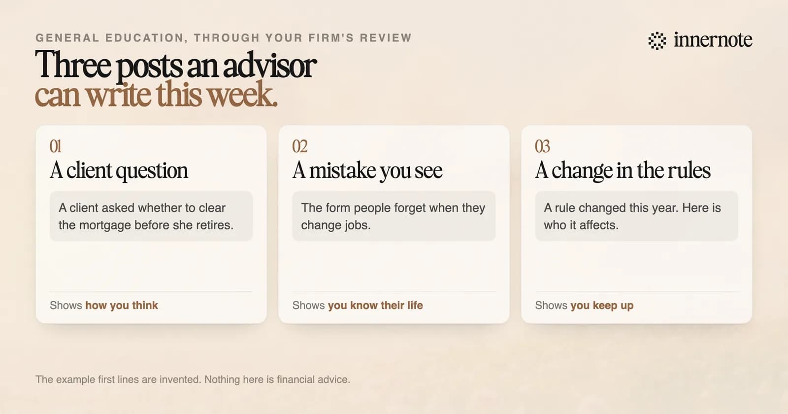 Three LinkedIn posts a financial advisor can write this week, each with an invented opening line. A client question: a client asked whether to clear the mortgage before she retires. A mistake you see: the form people forget when they change jobs. A change in the rules: a rule changed this year, and here is who it affects.