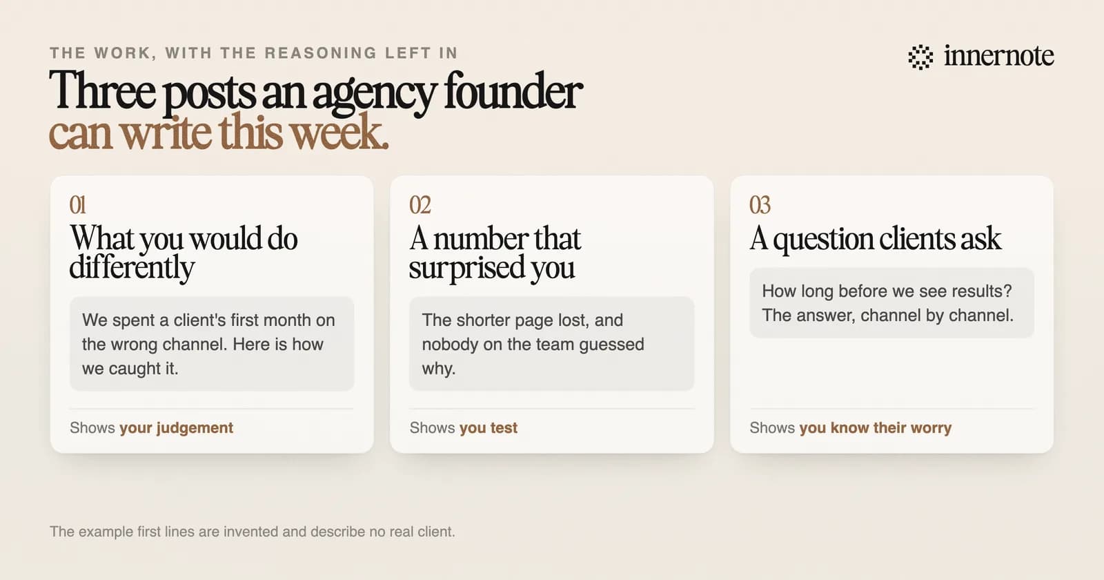 Three LinkedIn posts an agency founder can write this week, each with an invented opening line. What you would do differently: we spent a client's first month on the wrong channel, and here is how we caught it. A number that surprised you: the shorter page lost, and nobody on the team guessed why. A question clients ask: how long before we see results, answered channel by channel.