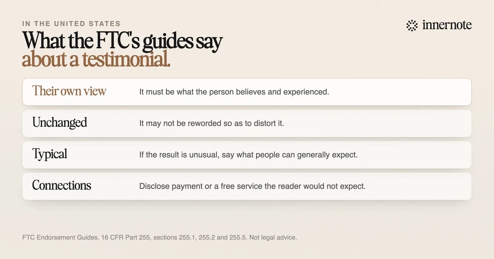 Four things the FTC's Endorsement Guides say about testimonials in the United States. It must be what the person believes and experienced. It may not be reworded so as to distort it. If the result is unusual, say what people can generally expect. Disclose payment or a free service the reader would not expect.