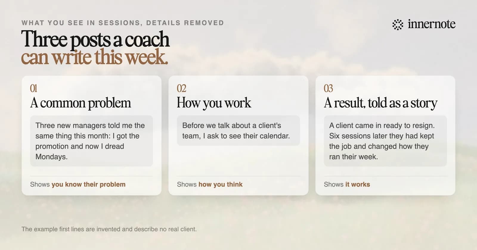 Three kinds of LinkedIn post for a coach, each with an example first line: a common problem, how you work, and a result told as a story.