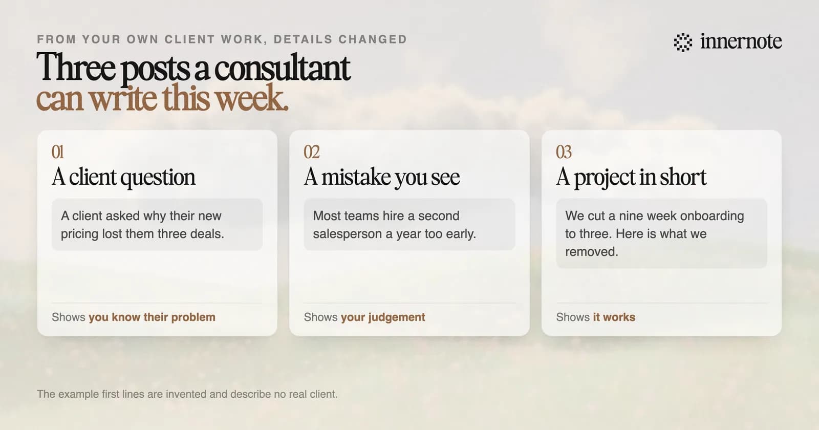 Three LinkedIn posts a consultant can write this week, each with an invented opening line. A client question: a client asked why their new pricing lost them three deals. A mistake you see: most teams hire a second salesperson a year too early. A project in short: we cut a nine week onboarding to three, and here is what we removed.
