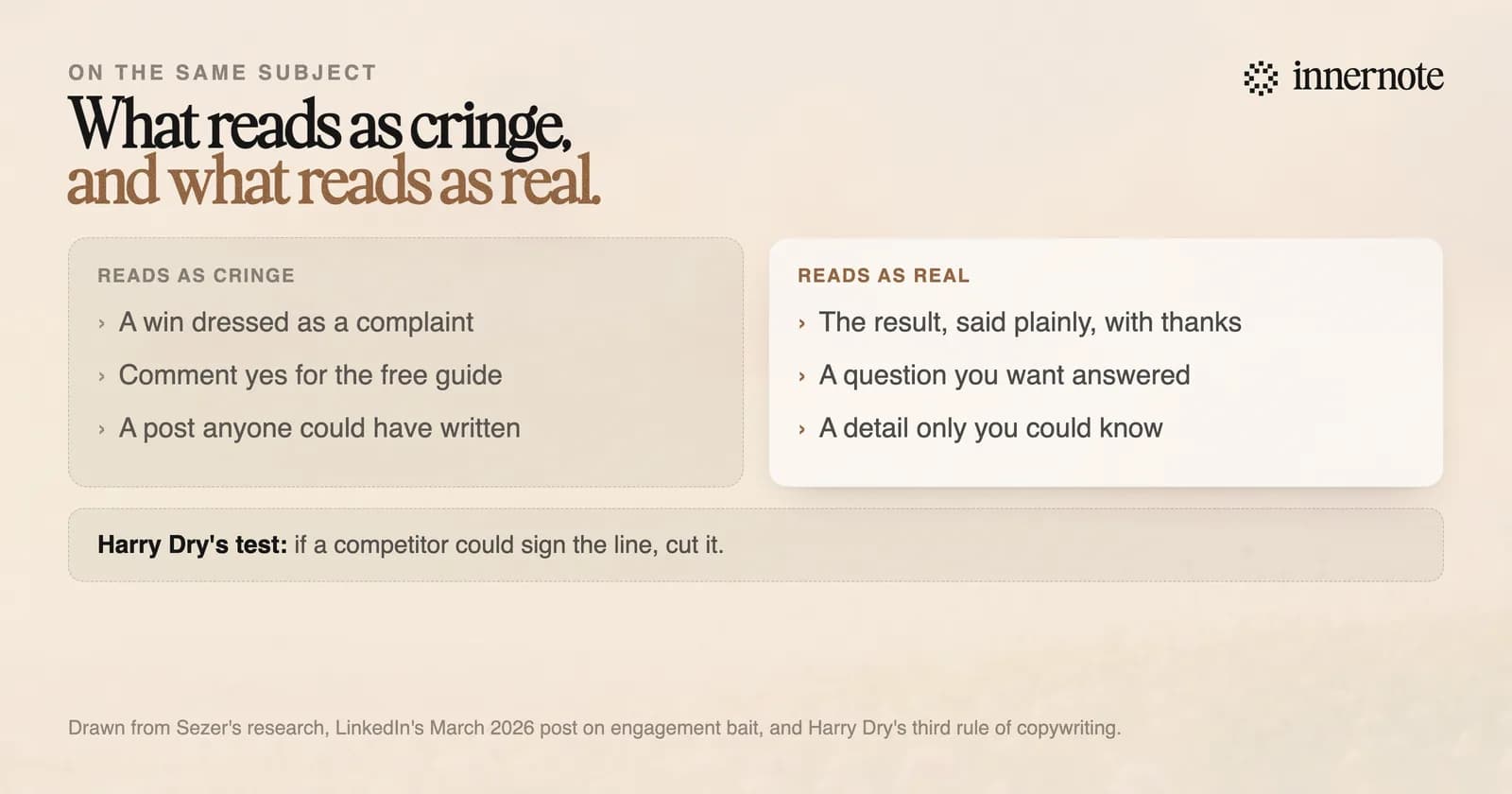 What reads as cringe on LinkedIn beside what reads as real. Cringe: a win dressed as a complaint, a request to comment yes for a free guide, and a post anyone could have written. Real: the result said plainly with thanks to named people, a question you want answered, and a detail only you could know.