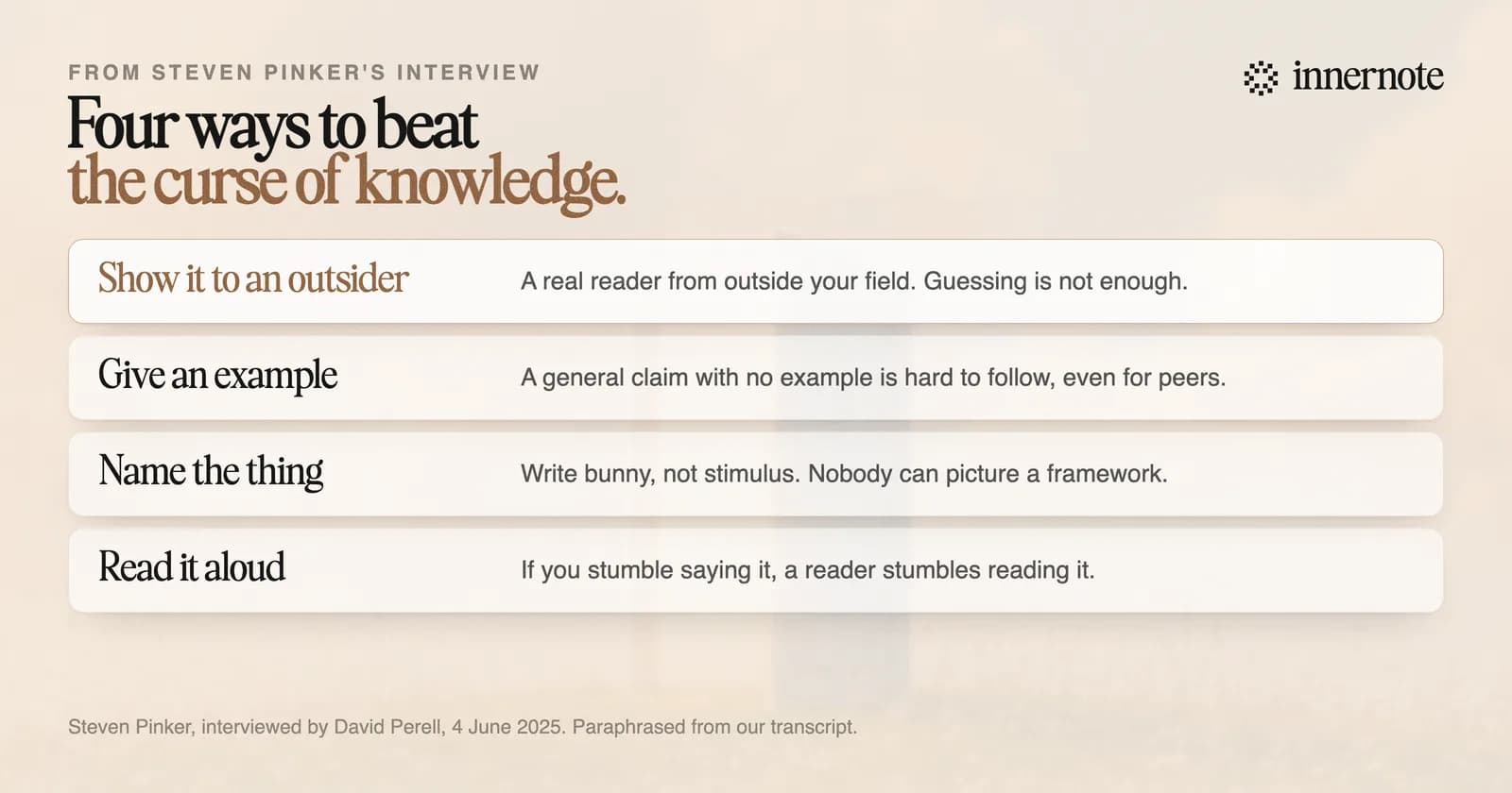 Four fixes for the curse of knowledge from Steven Pinker's interview. Show it to an outsider: a real reader from outside your field, since guessing is not enough. Give an example: a general claim with no example is hard to follow, even for peers. Name the thing: write bunny, not stimulus, since nobody can picture a framework. Read it aloud: if you stumble saying it, a reader stumbles reading it.