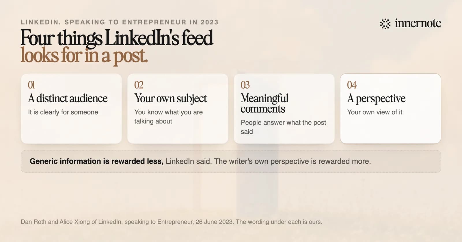 The four things LinkedIn said its feed looks for in a post. It speaks to a distinct audience. The author is writing in their own subject. It has meaningful comments. It has a perspective.