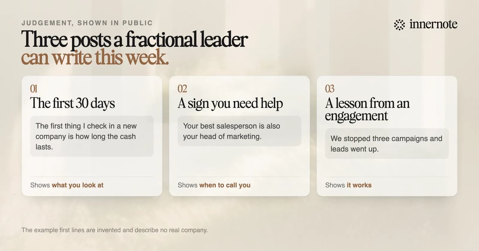 Three LinkedIn posts a fractional executive can write this week, each with an invented opening line. The first 30 days: the first thing I check in a new company is how long cash lasts. A sign you need help: your best salesperson is also your head of marketing. A lesson from an engagement: we stopped three campaigns and leads went up.