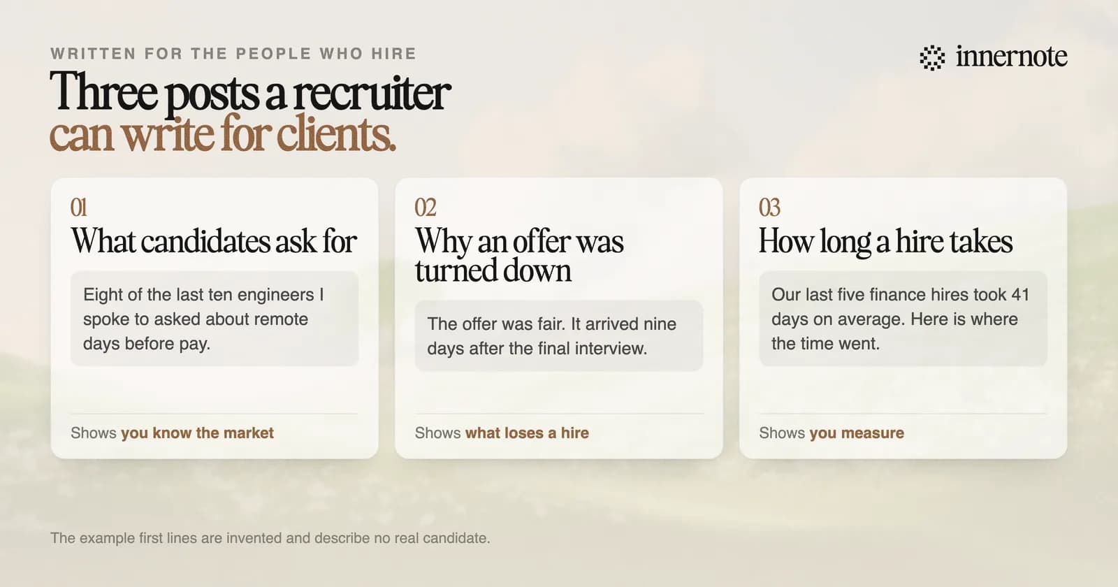 Three LinkedIn posts a recruiter can write for clients this week, each with an invented opening line. What candidates ask for: eight of the last ten engineers I spoke to asked about remote days before pay. Why an offer was turned down: the offer was fair, and it arrived nine days after the final interview. How long a hire takes: our last five finance hires took 41 days on average, and here is where the time went.