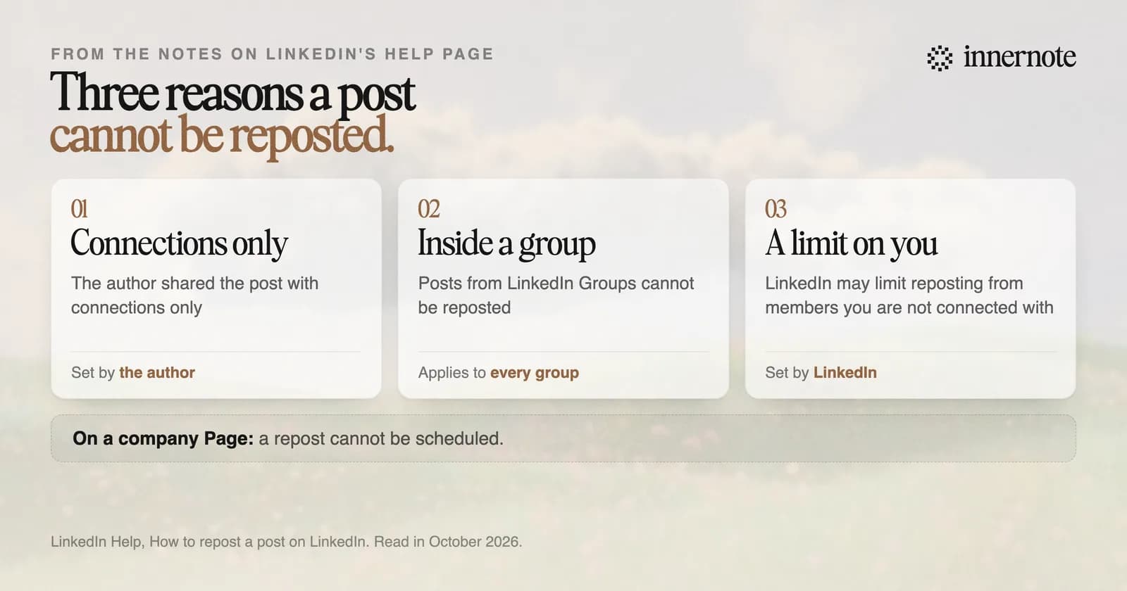 Three reasons LinkedIn gives for a post that cannot be reposted: it was shared with connections only, it is a post in a LinkedIn group, or LinkedIn has limited reposting from members you are not connected with.