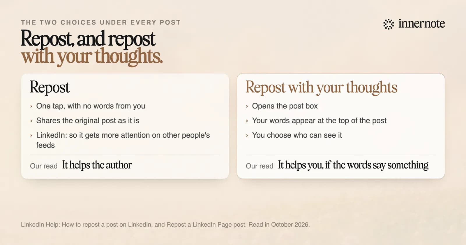 The two repost options on LinkedIn side by side. Repost shares the original as it is, in one tap, and sends attention to the original author. Repost with your thoughts opens the post box, puts your words at the top and lets you choose who sees it. Our read: the first helps the author, and the second helps you if your words say something.