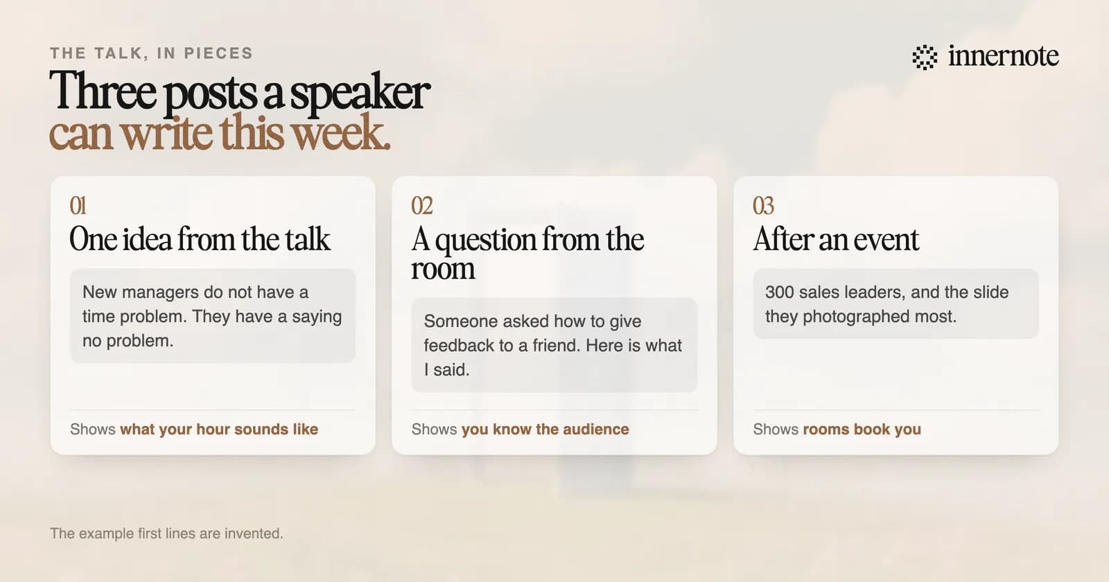 Three LinkedIn posts a speaker can write this week, each with an invented opening line. One idea from the talk: new managers do not have a time problem, they have a saying no problem. A question from the room: someone asked how to give feedback to a friend. After an event: 300 sales leaders, and the slide they photographed most.