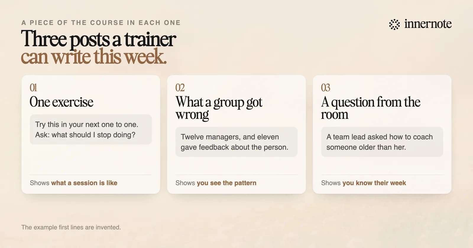Three LinkedIn posts a trainer can write this week, each with an invented opening line. One exercise: try this in your next one to one, ask what should I stop doing. What a group got wrong: twelve managers, and eleven gave feedback about the person. A question from the room: a team lead asked how to coach someone older than her.