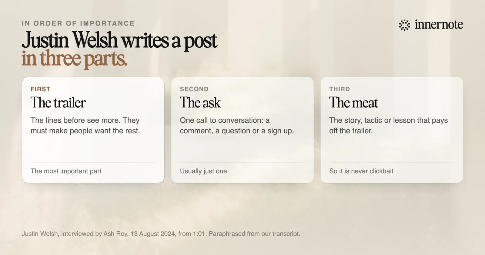 Justin Welsh's three parts of a LinkedIn post, in order of importance. The trailer: the lines before see more, which must make people want the rest. The call to conversation: one ask, such as a comment, a question or a newsletter sign up. The meat: the story, tactic or lesson that delivers on the trailer, so it is never clickbait.