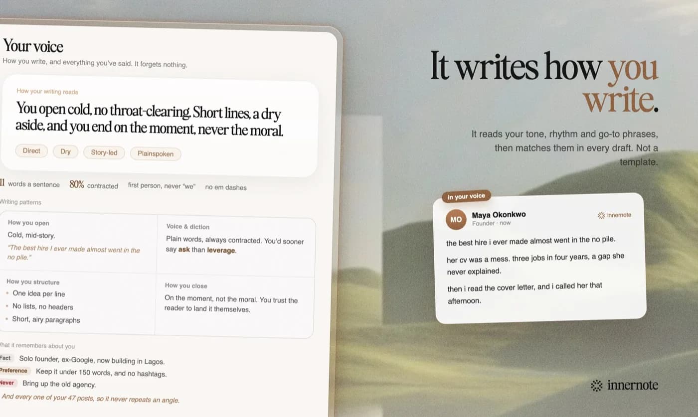innernote showing the writing traits it learned from the author's own posts