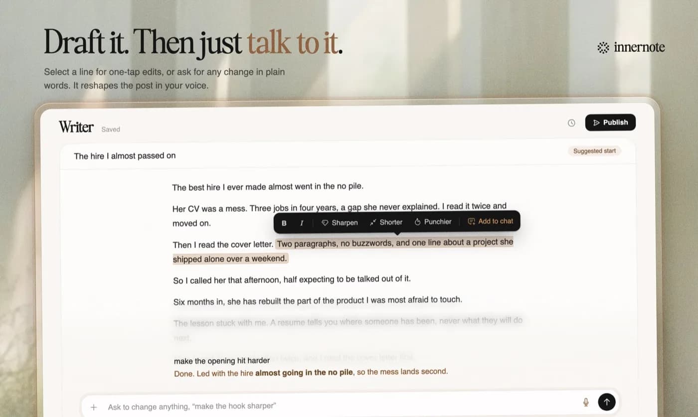Writing a LinkedIn post in innernote, with the draft already in the author's own voice
